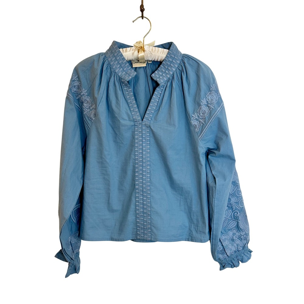 Blue Embroidered Peasant Blouse - Women